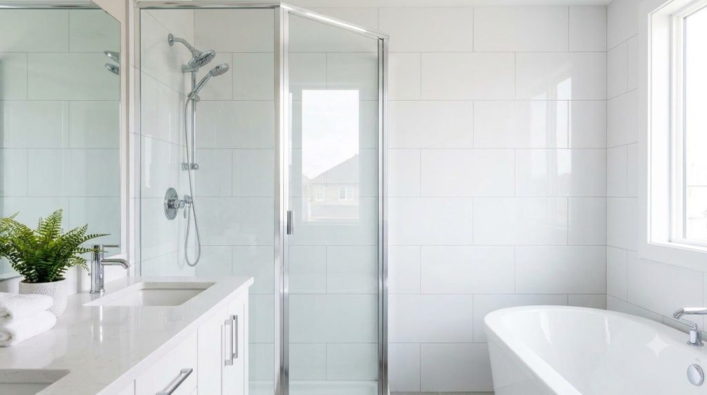 Un baño moderno e impecable con mampara de ducha brillante grifos relucientes y azulejos sin manchas reflejando limpieza