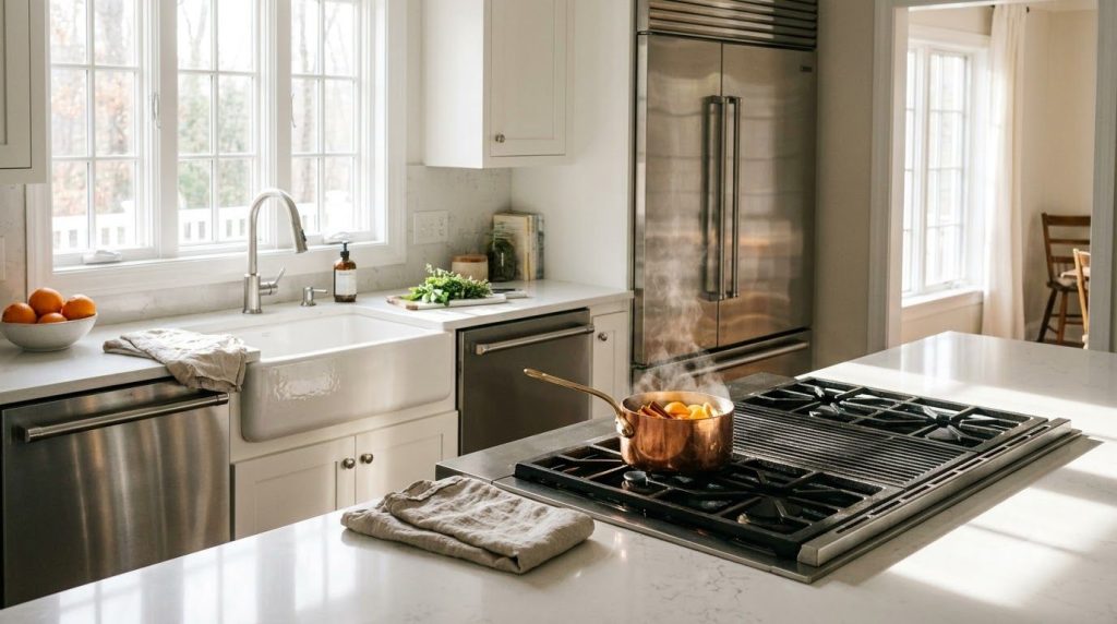 Cocina impecablemente limpia con encimeras brillantes fregadero reluciente y accesorios de acero inoxidable con un toque