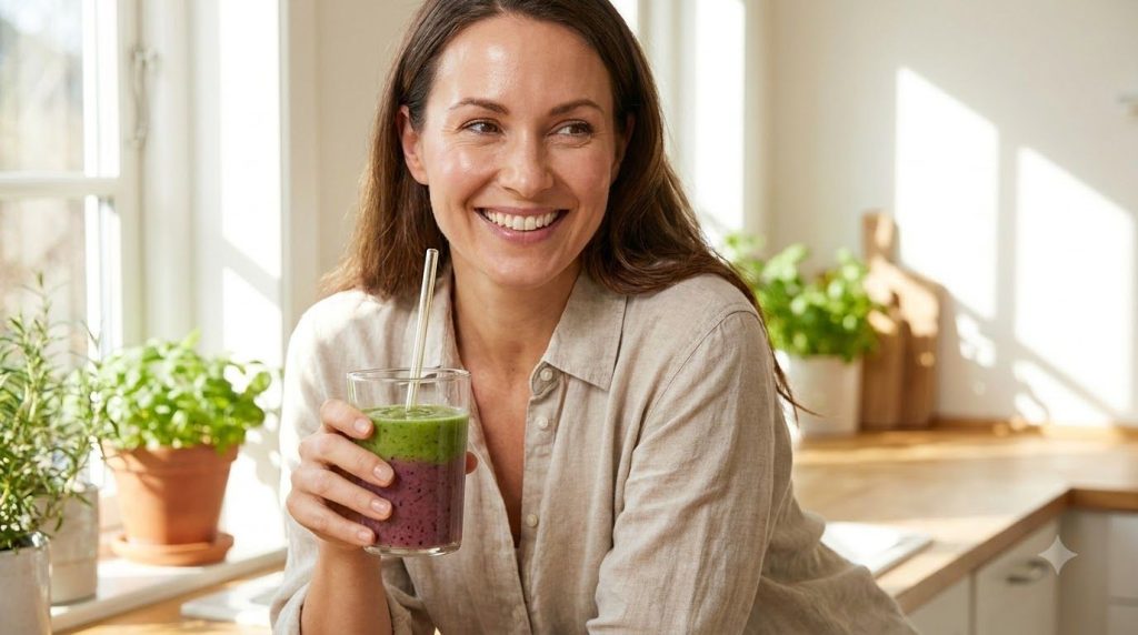 A woman smiling and confidently enjoying a glass of the fresh green and purple beauty drink showing off her glowing skin