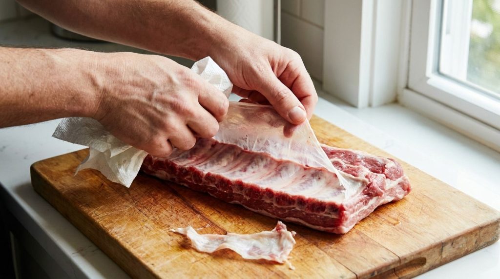Pork ribs with the membrane being removed illustrating a key prep step