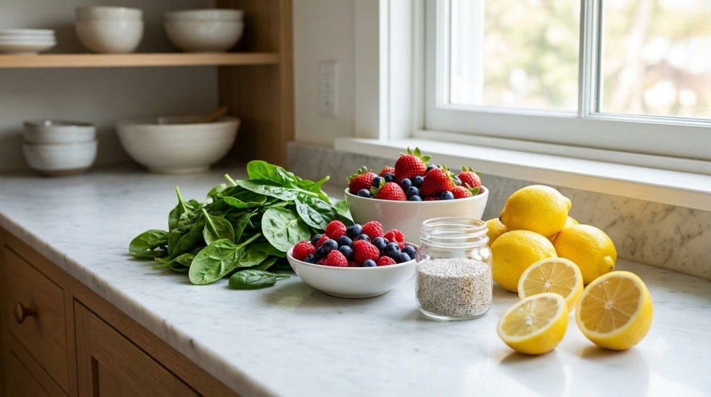 Various fresh ingredients laid out on a kitchen counter spinach mixed berries lemons and chia seeds ready to be blended 