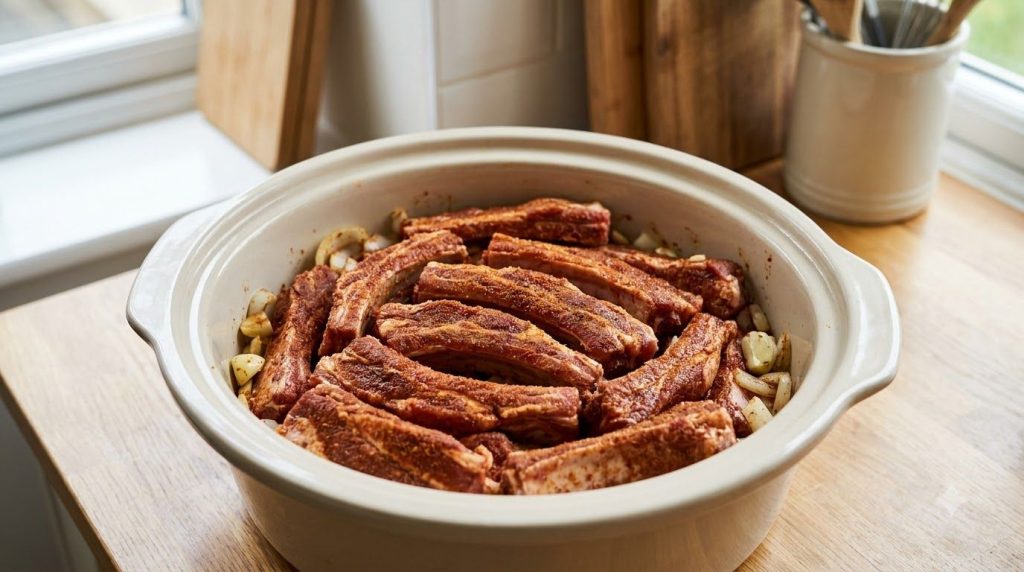 Seasoned pork ribs neatly arranged inside a slow cooker before cooking