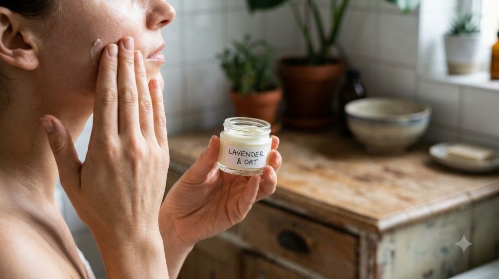 A woman gently applying the homemade Vaseline and infused baby oil mixture to her face with her fingertips demonstrating
