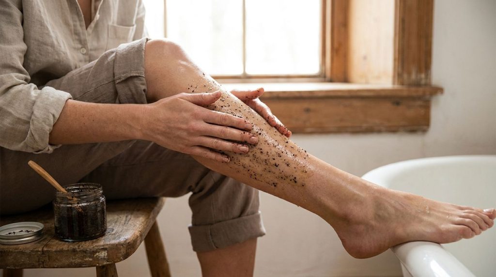 A woman gently massaging a homemade coffee and baby oil scrub onto her leg with a focus on smooth glowing skin after exf