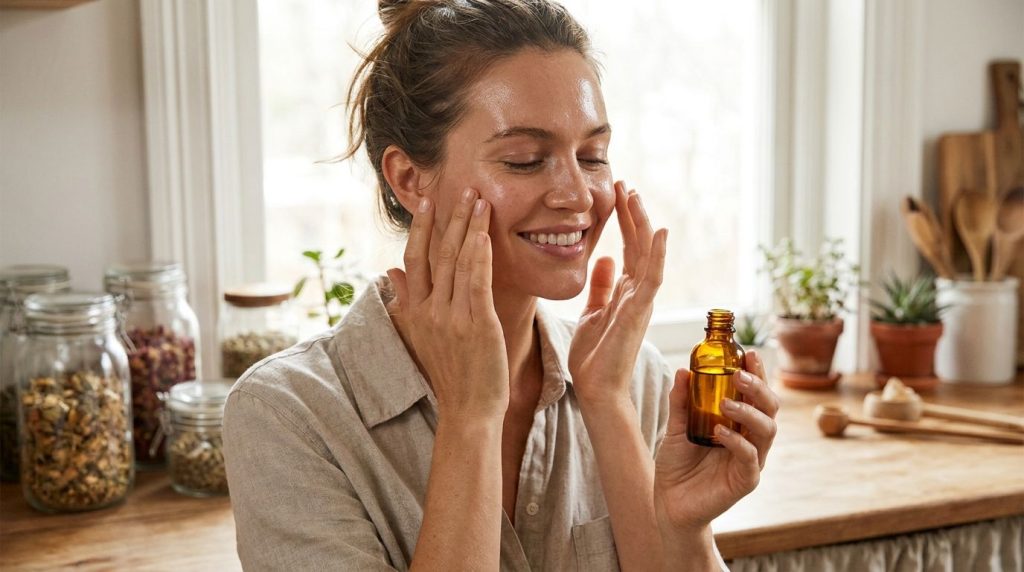 A woman applies a homemade oil blend to her face using her fingertips looking happy and serene The setting is bright and