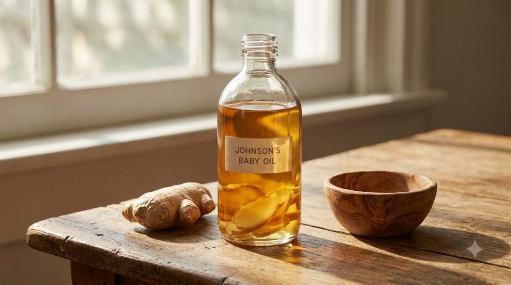 A bottle of baby oil infused with ginger slices next to fresh ginger root and a traditional wooden bowl