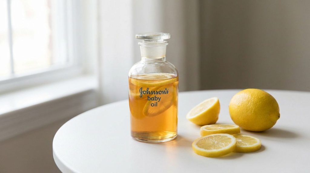 A bottle of baby oil infused with lemon slices next to fresh lemon slices and a bright yellow lemon