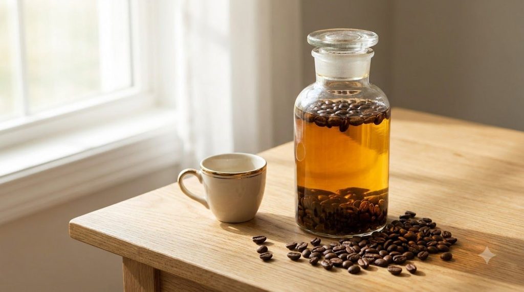 A bottle of baby oil infused with coffee beans next to roasted coffee beans and a coffee cup