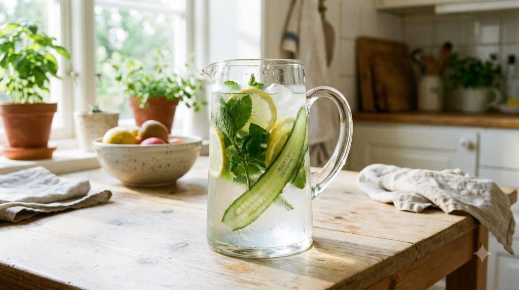 A clear glass pitcher filled with water sliced lemons and cucumber ribbons Fresh mint leaves are visible adding to the r