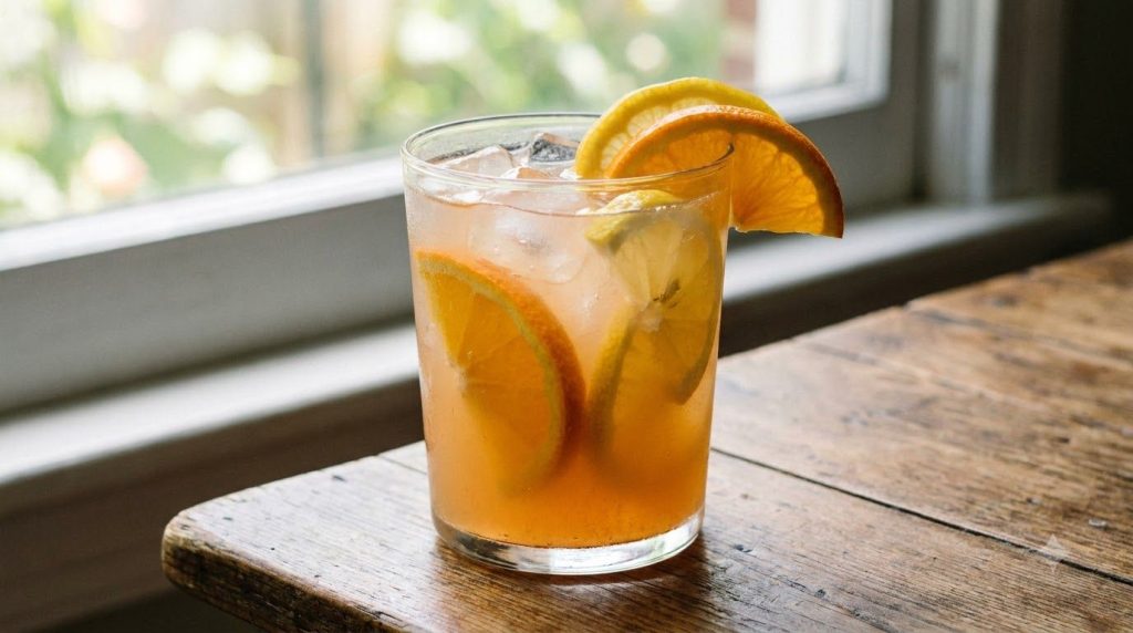 A glass of citrus electrolyte drink with orange and lemon slices and ice