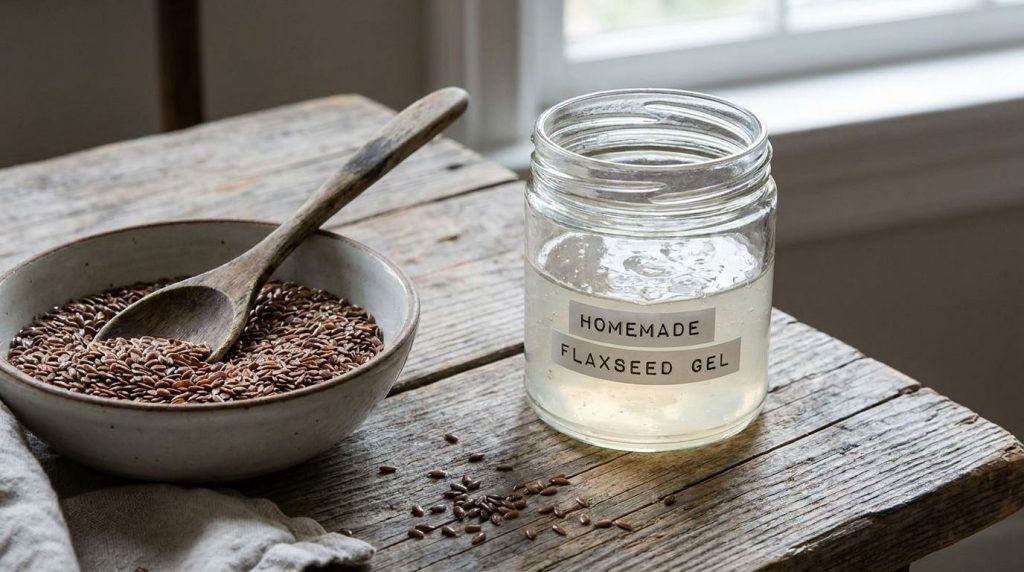 A small glass jar filled with clear homemade flaxseed gel next to a bowl of whole flaxseeds and a wooden spoon on a rust