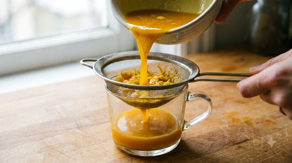 Straining the warm ginger turmeric liquid through a fine-mesh sieve into a mug