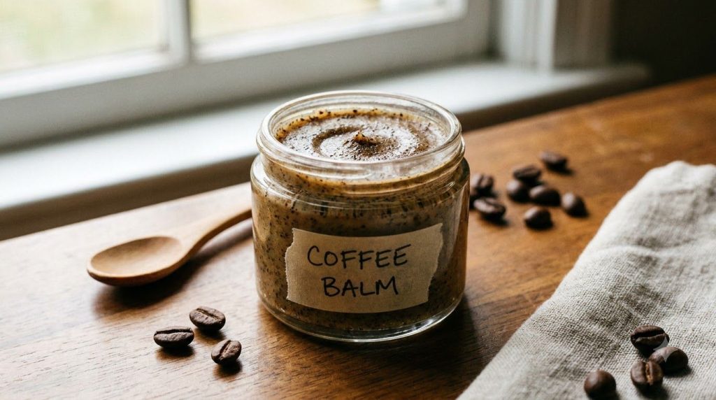 Close-up of a small glass jar filled with a homemade DIY face balm showing a smooth slightly granular texture Ingredient