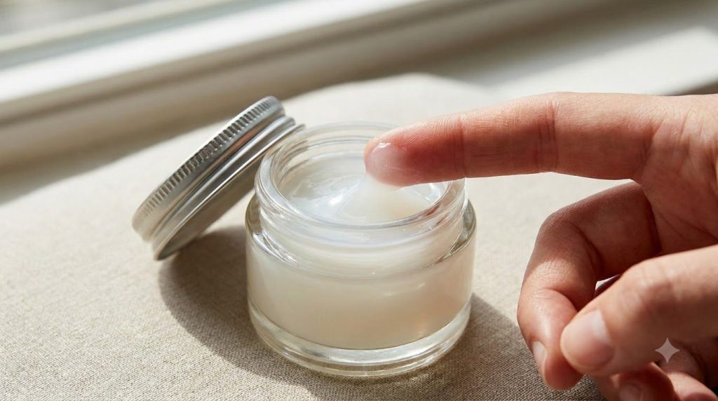 A small clear glass jar filled with the finished Vaseline Glow Gel with a smooth slightly translucent texture The jar is
