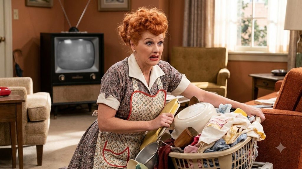 A classic image of Lucille Ball in character as Lucy Ricardo known for her expressive physical comedy red hair and humor