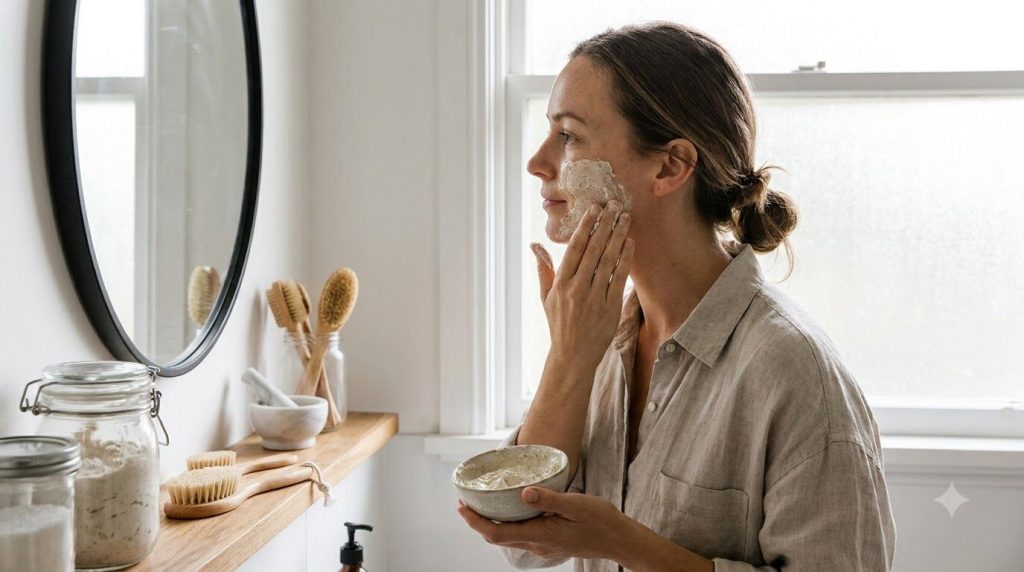 A woman gently applying a homemade rice and clove face mask to her clean face looking into a mirror Her hands are clean