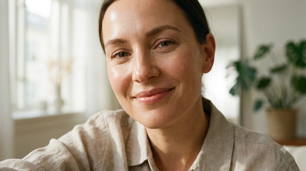 A close-up of a woman s radiant face with smooth glowing skin smiling gently possibly after using a natural face mask