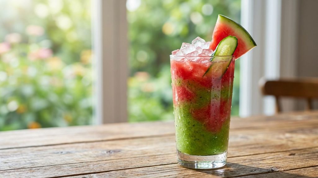 A vibrant red watermelon and green cucumber smoothie in a clear glass garnished with a small watermelon wedge and a cucu