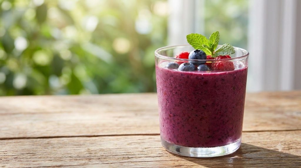 A purple smoothie in a glass topped with fresh mixed berries and a sprig of mint The setting is bright and clean