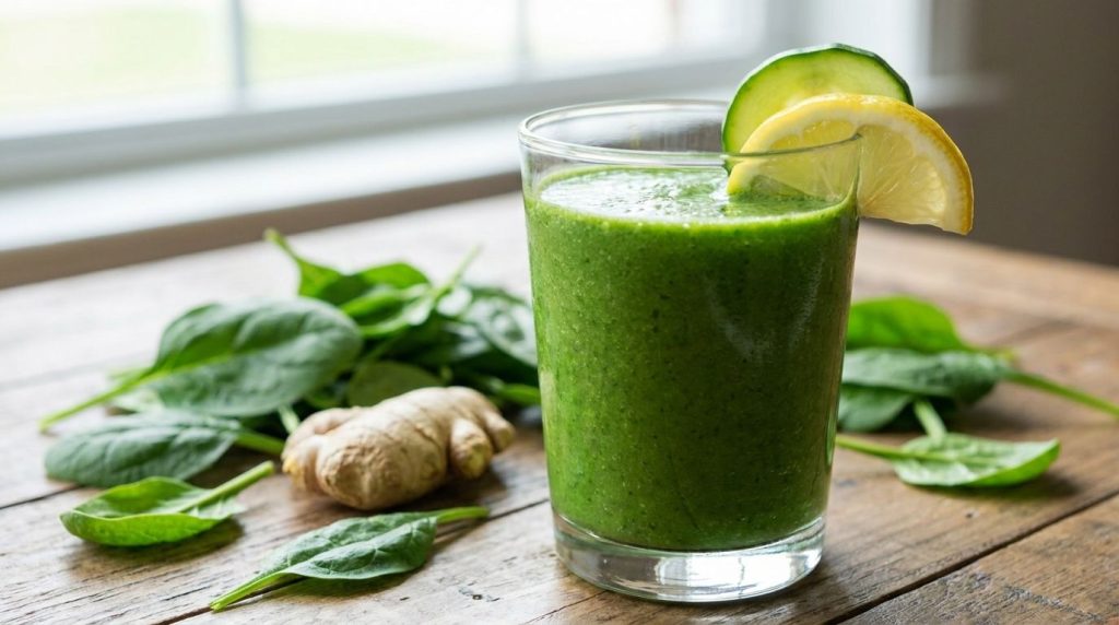 A vibrant green smoothie in a glass with slices of cucumber and lemon on the rim Fresh spinach and ginger are visible ne