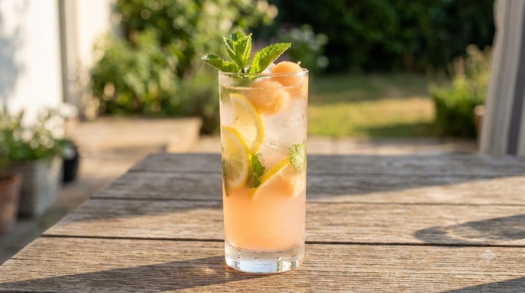 A light pink watermelon drink with fresh mint leaves and lemon slices in a tall glass The image evokes a cool summer vib