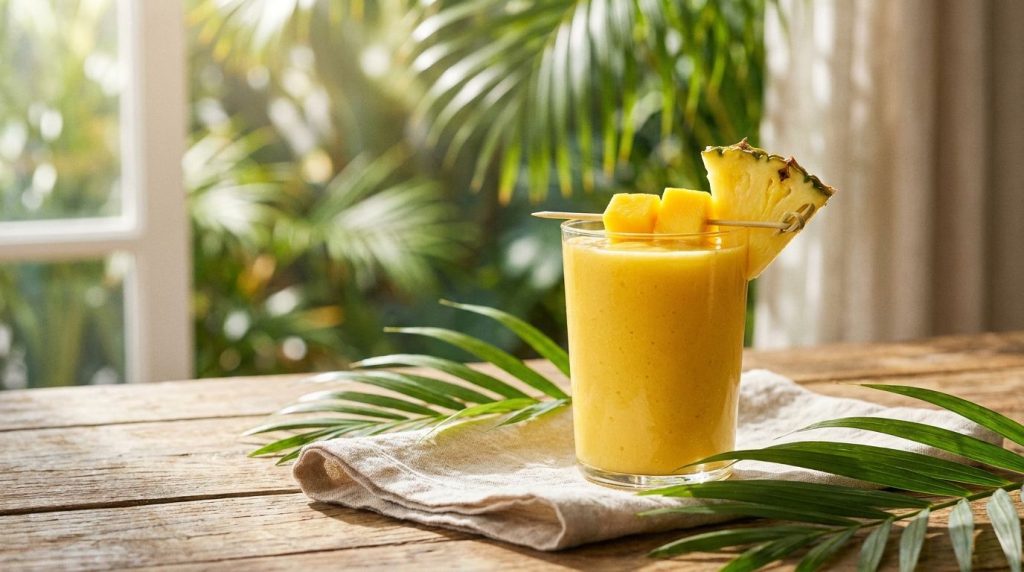 A golden-yellow tropical smoothie in a glass garnished with a pineapple wedge and a small piece of mango The setting is 