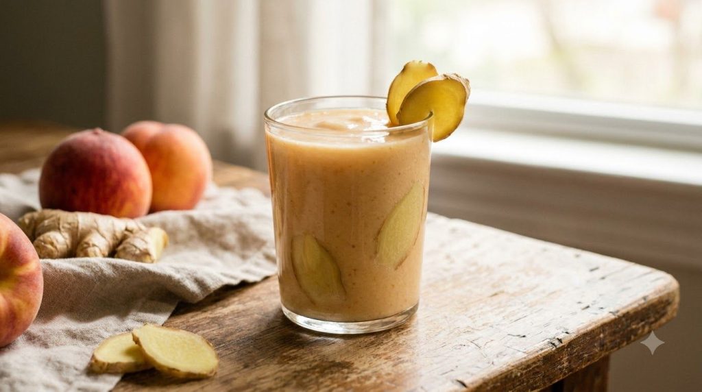 A creamy light orange peach smoothie with visible ginger slices on the side The overall feel is warm and comforting