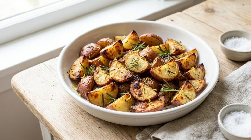 Small red potatoes quartered and roasted in an air fryer seasoned with fresh rosemary and lemon zest They are golden bro