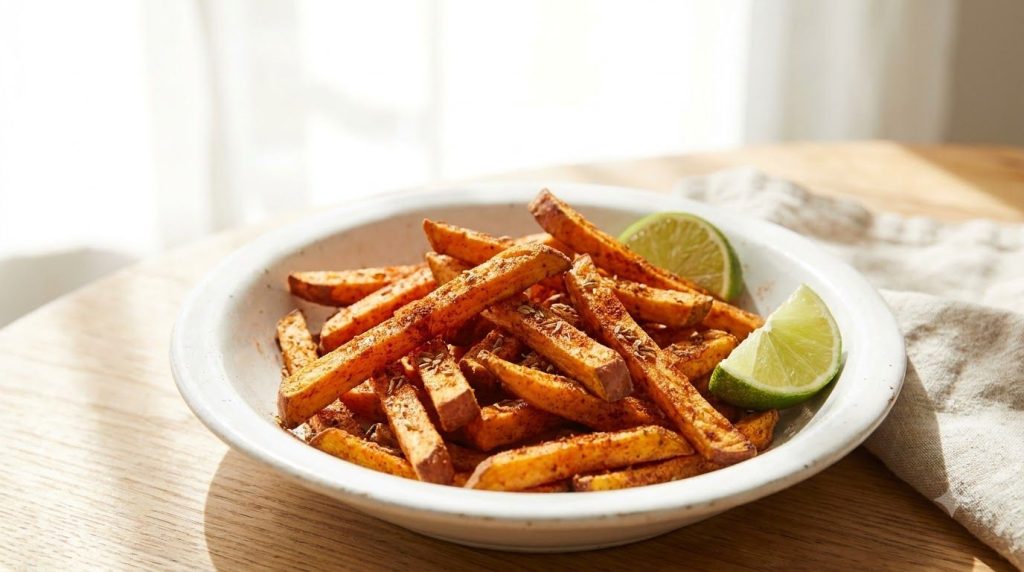 A pile of vibrant orange air-fried sweet potato fries seasoned with chili powder and cumin in a modern white bowl A lime