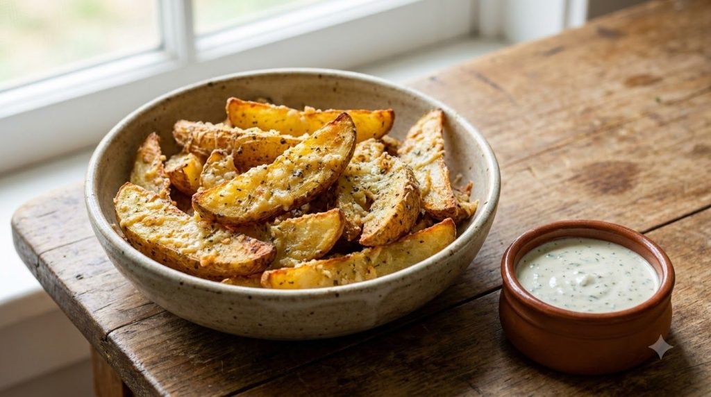 Crispy air-fried potato wedges coated with garlic and Parmesan cheese served with a small bowl of marinara sauce or dipp