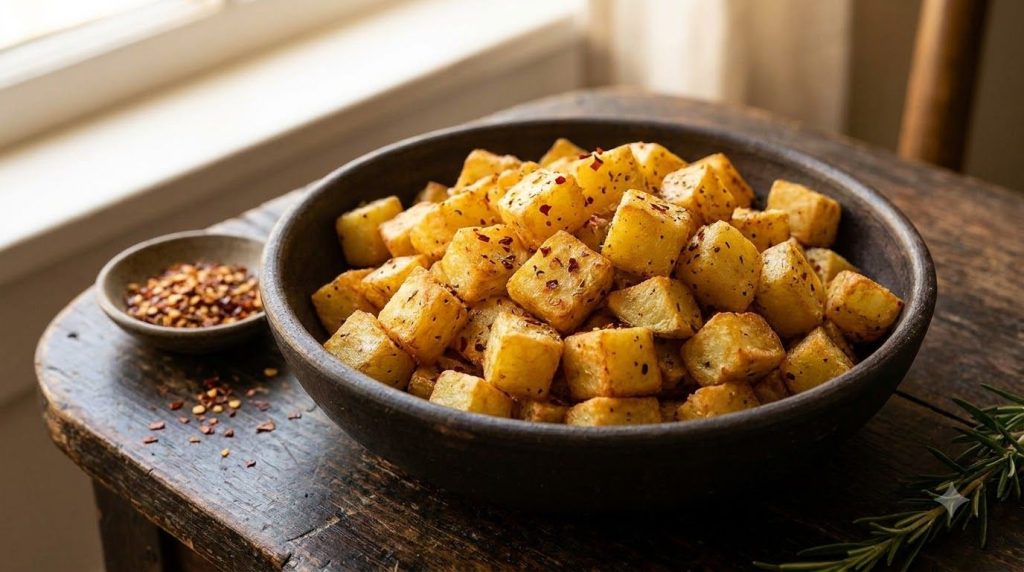 Cubed Yukon Gold potatoes with a spicy seasoning air-fried to a crispy finish in a dark rustic bowl with a sprinkle of r