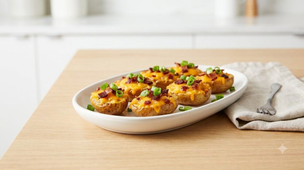 Mini air-fried potato halves topped with melted cheddar cheese crumbled bacon and fresh green onions served on a small p