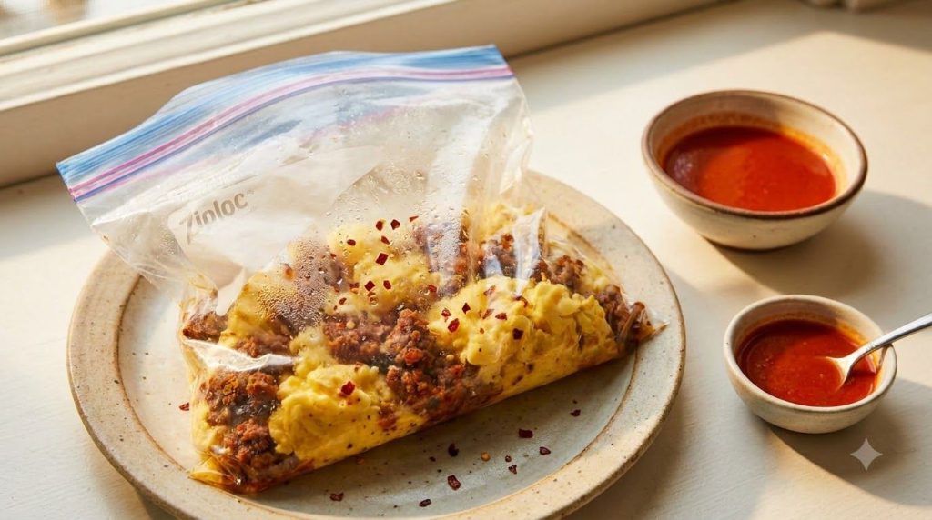 A clear Ziploc bag filled with cooked scrambled eggs crumbled spicy sausage and a sprinkle of chili flakes served on a b
