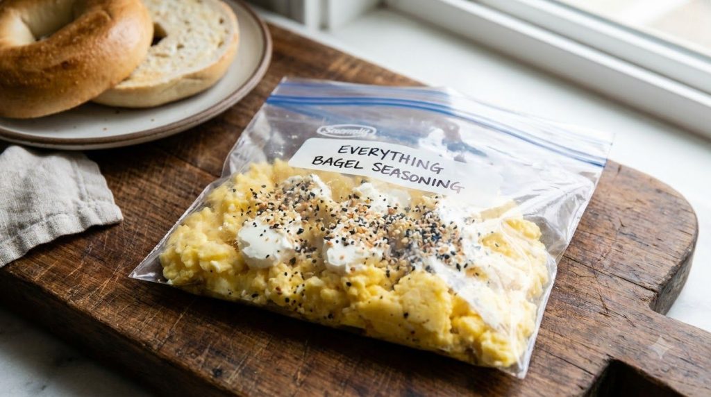 A clear Ziploc bag filled with cooked fluffy scrambled eggs cream cheese and a generous sprinkle of Everything Bagel Sea