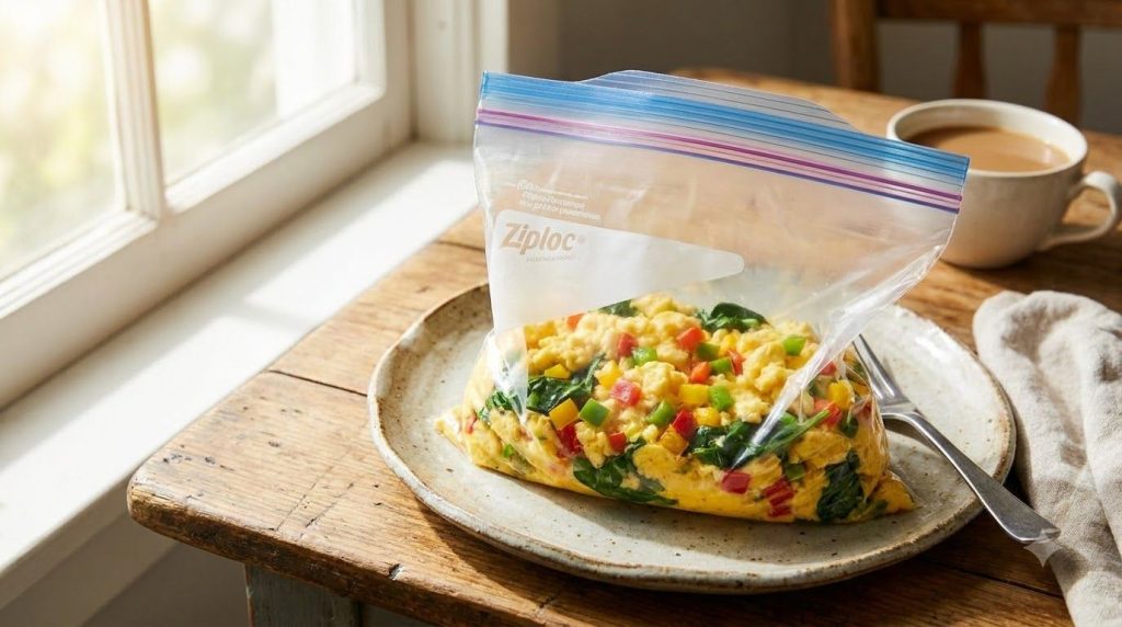 A clear Ziploc bag filled with cooked scrambled eggs mixed with colorful finely diced bell peppers red green yellow and 