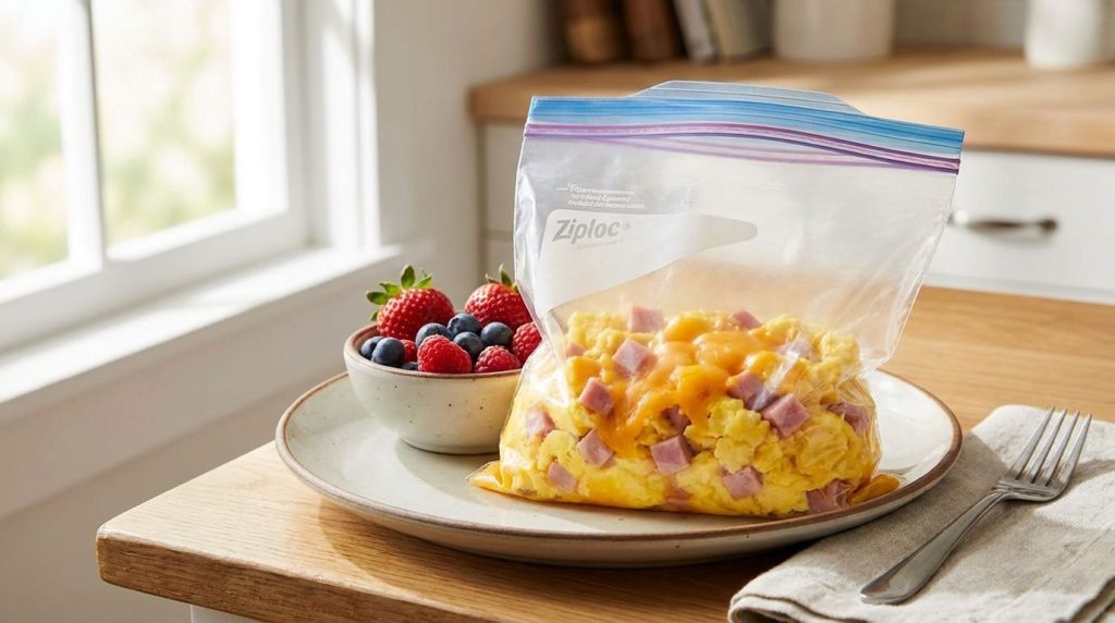 A clear Ziploc bag with cooked scrambled eggs diced ham and melted cheddar cheese served on a breakfast plate with a sid