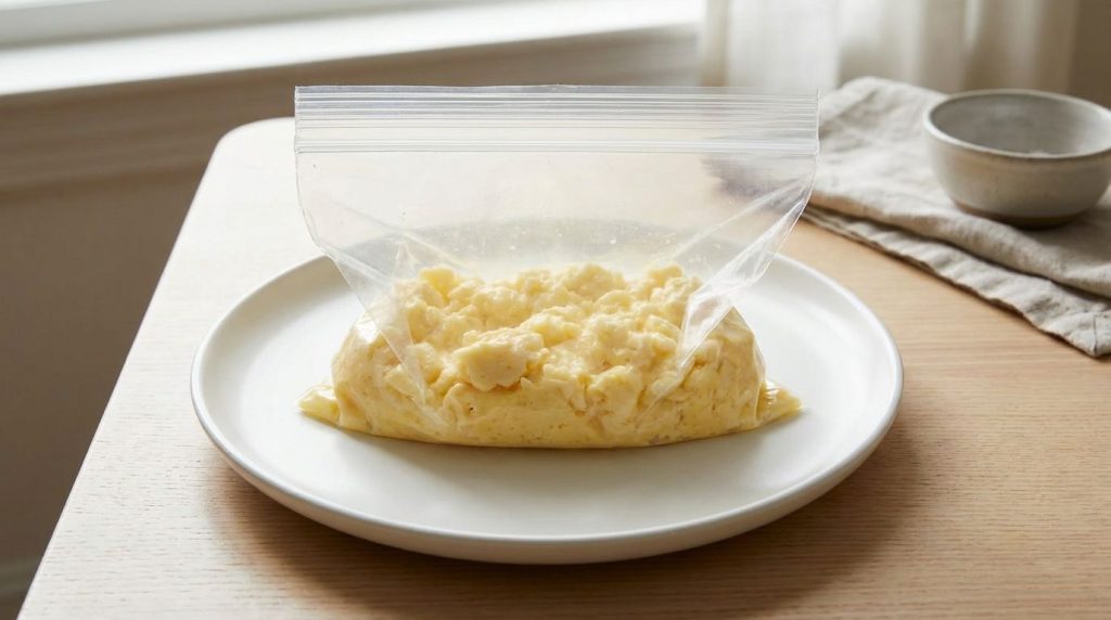 A clear Ziploc bag containing perfectly cooked light and fluffy scrambled eggs without cheese on a simple white plate A 