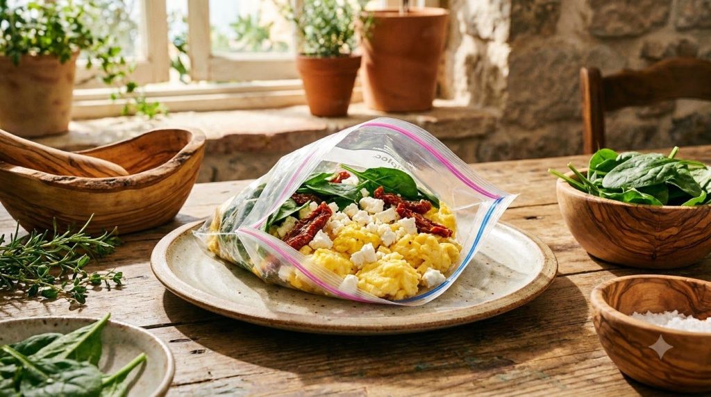 A clear Ziploc bag with cooked fluffy scrambled eggs crumbled feta cheese chopped spinach and sun-dried tomatoes present