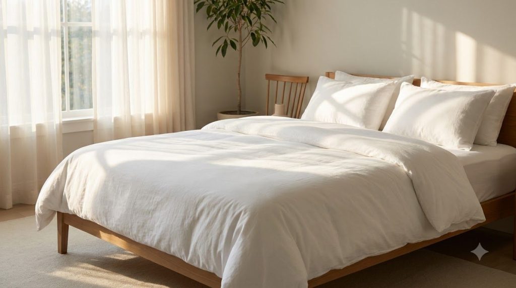 A clean fresh-looking mattress with white linens in a bright bedroom implying the successful result of the cleaning proc