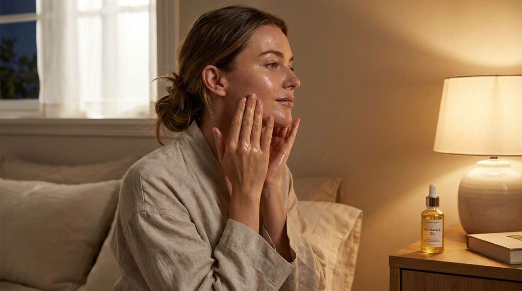 A woman gently massaging a few drops of the homemade Nighttime Glow Oil onto her face before bedtime with soft warm ligh