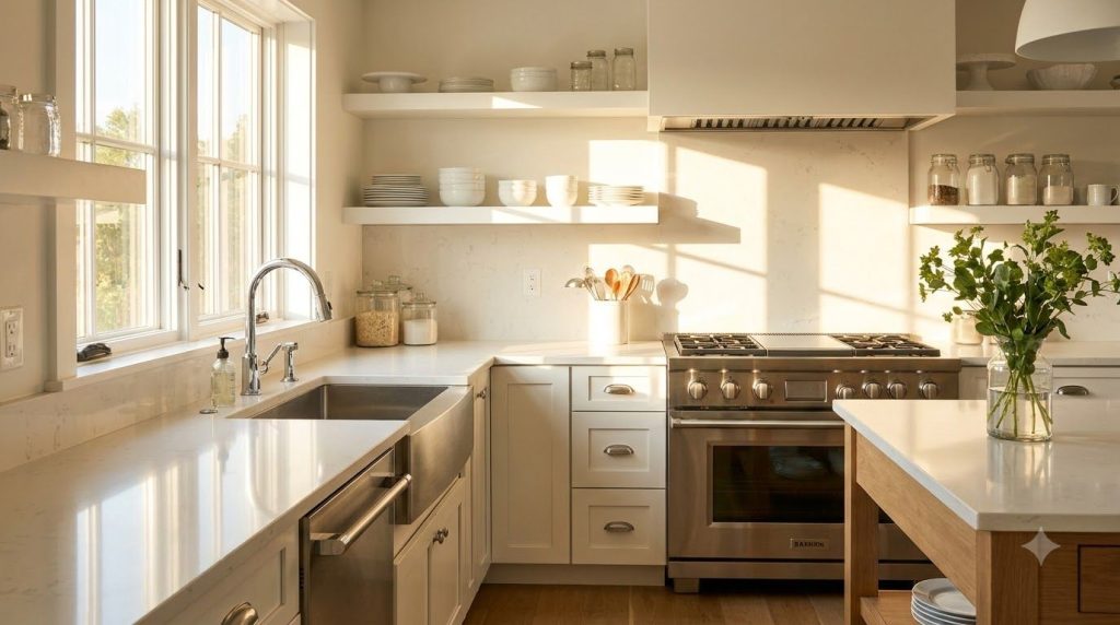 Cocina limpia y organizada con encimeras brillantes un fregadero reluciente y un horno impecable mostrando el resultado 