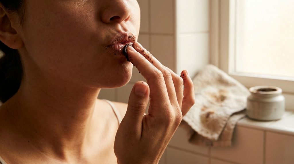 A close-up of a person gently applying a homemade scrub to their lips made with Vaseline and coffee grounds with soft na