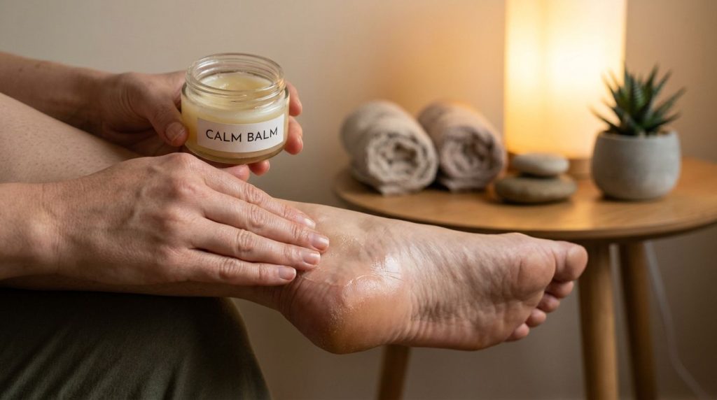 A person s hands gently massaging a homemade Vaseline and essential oil balm onto their dry feet with a soft warm lighti