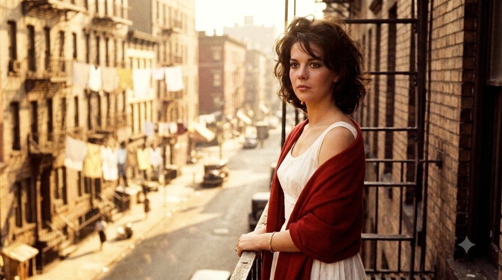 A movie poster featuring Natalie Wood in a classic film possibly West Side Story or Rebel Without a Cause
