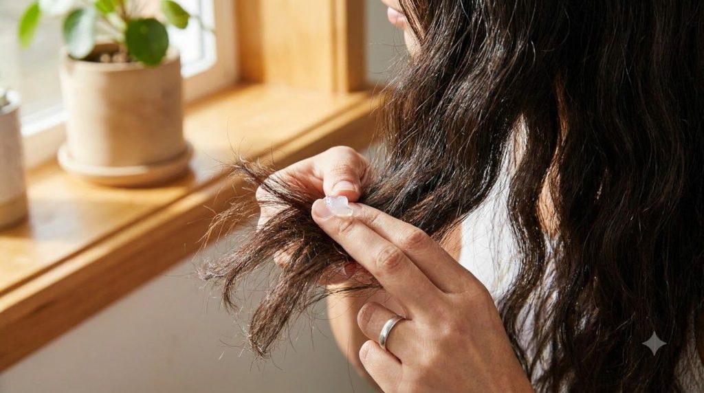 A woman gently applying Vaseline to the ends of her hair to protect against split ends with a focus on her hands and hai