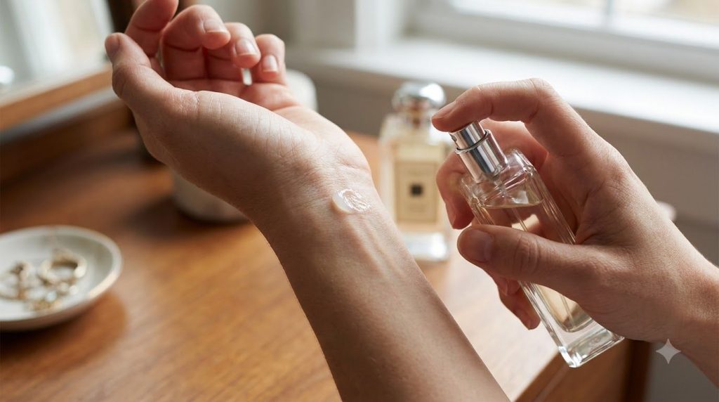 A woman applying perfume to her wrist with a small amount of Vaseline visible on her skin where the perfume will be spra