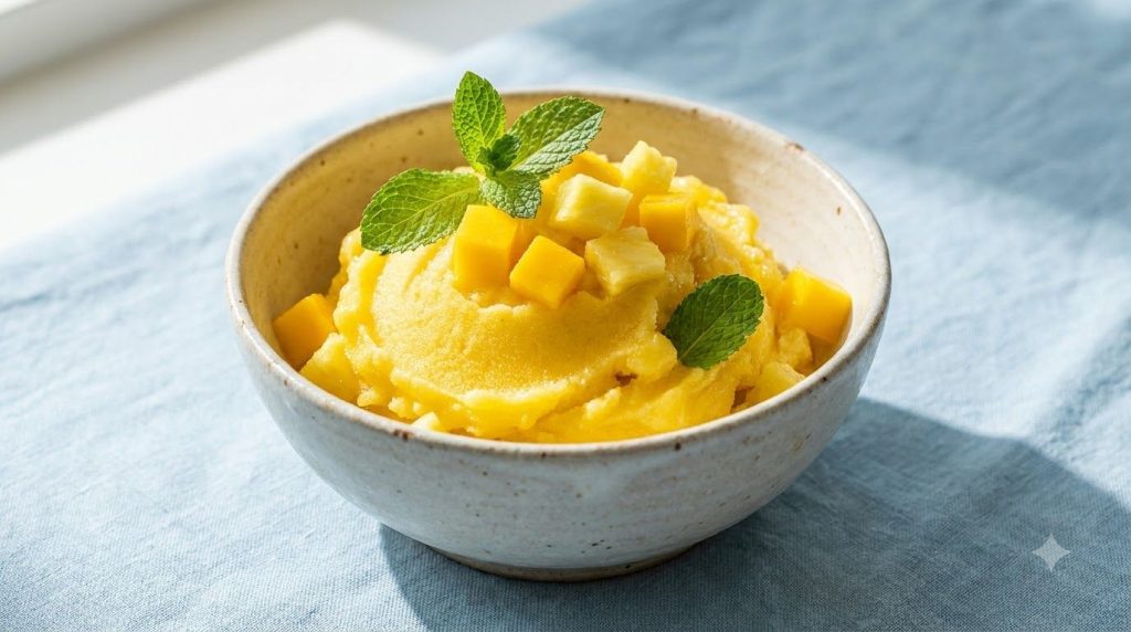 A bright yellow bowl of mango pineapple sorbet topped with fresh mint leaves and small fruit chunks
