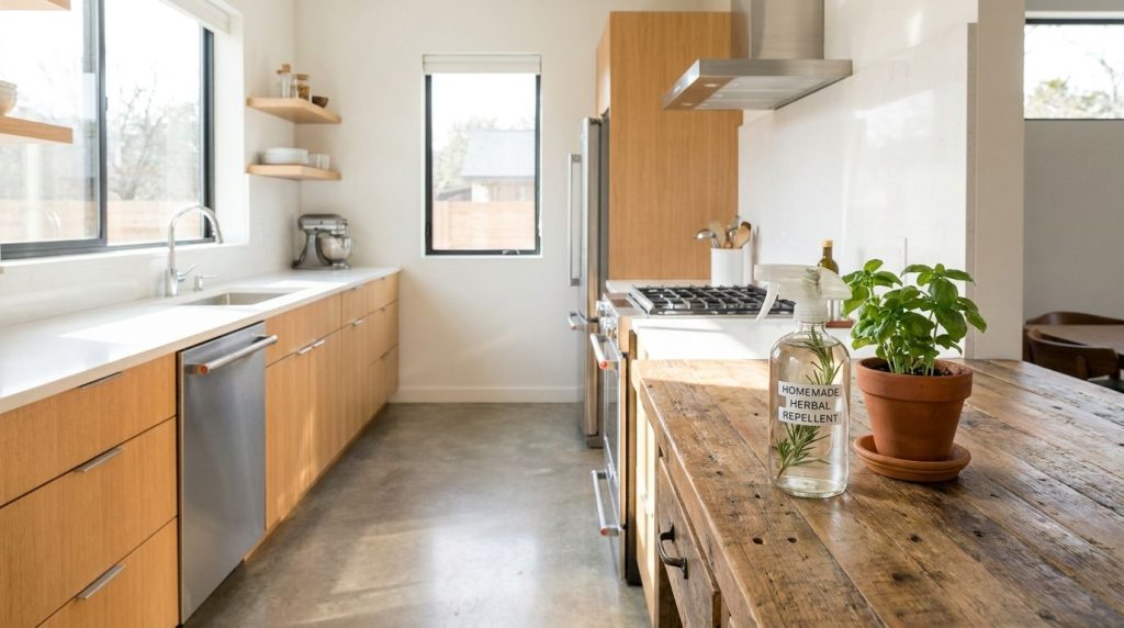 A clean well-lit kitchen free of pests with natural light coming through a window and a spray bottle of homemade repelle