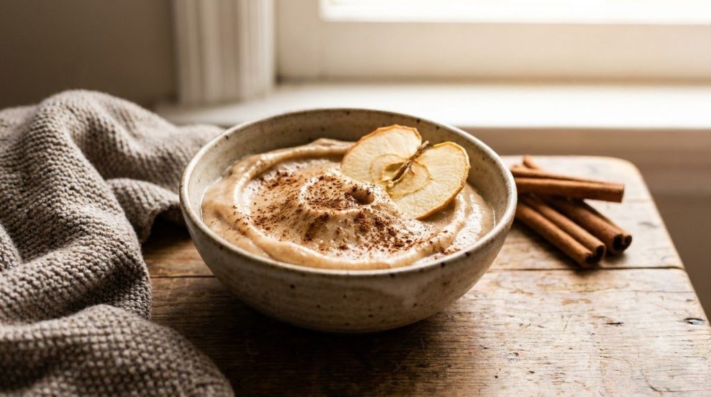 A bowl of light brown apple pie spiced nice cream topped with a sprinkle of cinnamon and a small apple slice