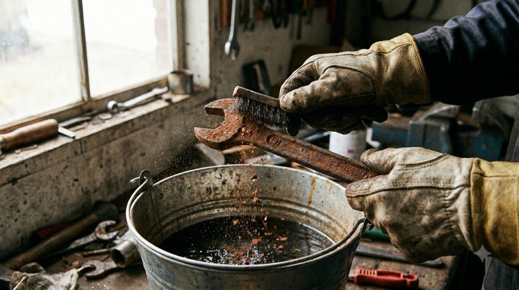 A close-up of a hand cleaning a rusty wrench with a wire brush and a bucket of vinegar wearing protective gloves